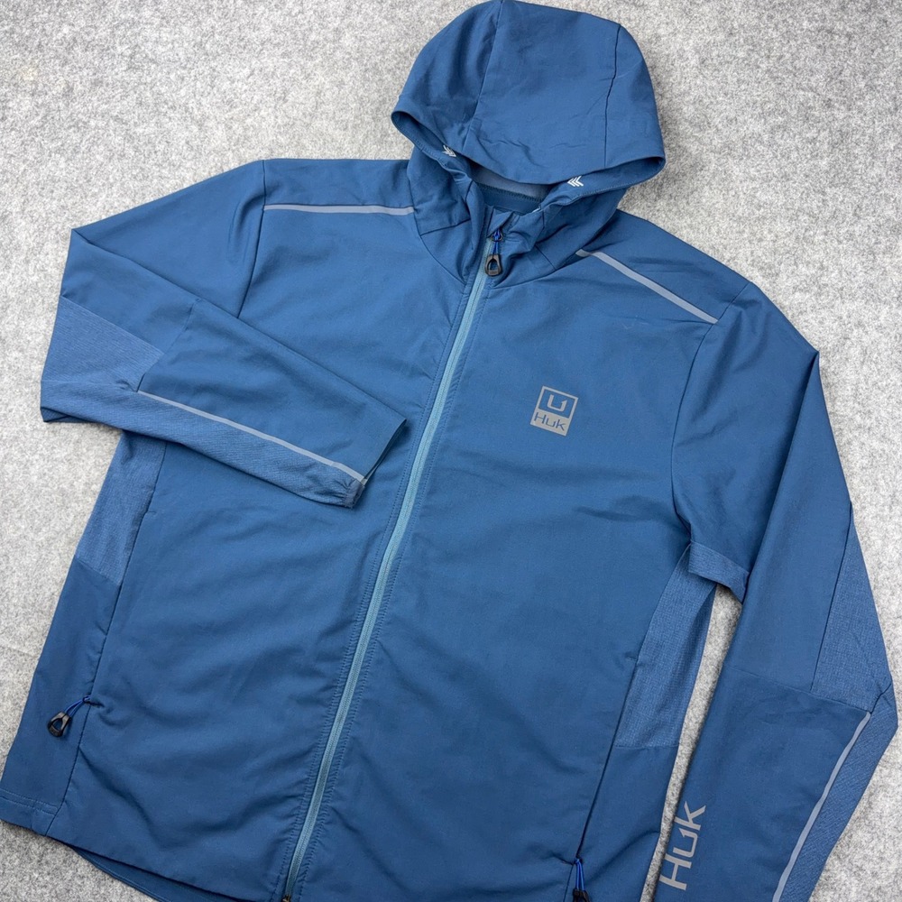 Huk Jacket Mens XL Blue Icon X‎ Light Weight Windbreaker Hooded Fishing Outdoor